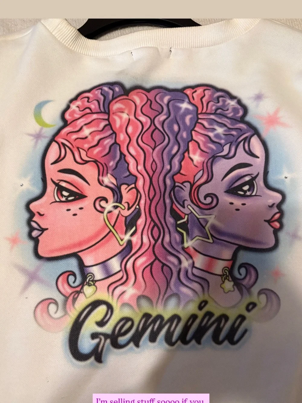 Dolls Kill White Gemini Crewneck Sweater with Pink & Purple Graphic